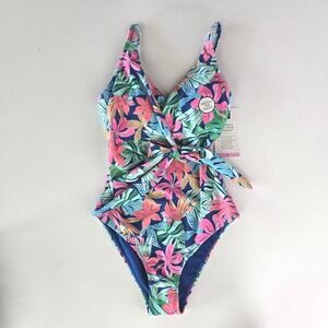 Members Mark Womens One Piece Swimsuit Swim Tropical Floral Pink Tummy Control S